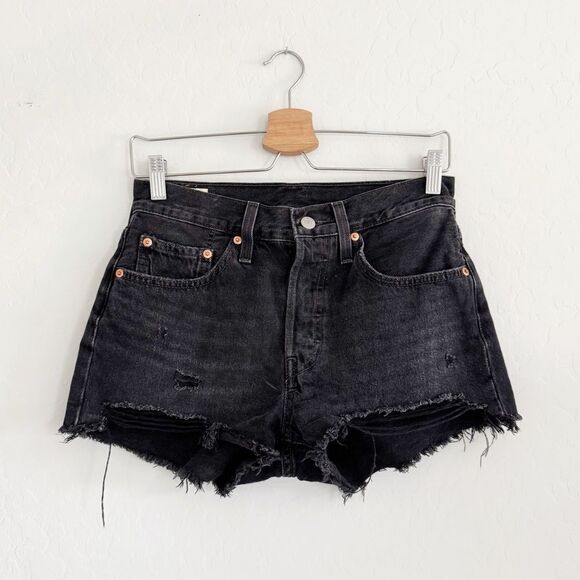 LEVI’S 501 Wise Up Black High Rise Original Denim Jeans Shorts Distressed Sz 26 - Picture 9 of 15